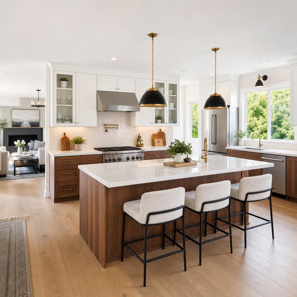Open concept modern kitchen with white and walnut two-tone cabinets and island